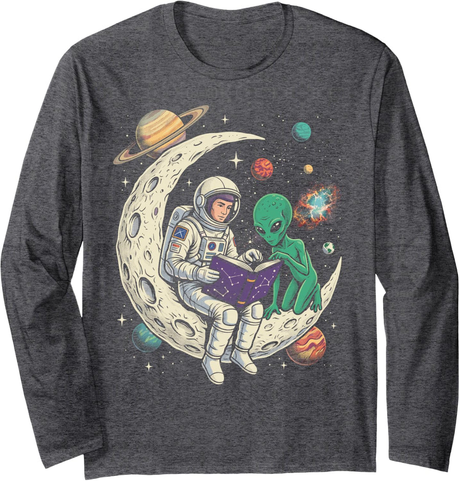 Astronaut Alien Reading Book Retro Space Astronomy Galaxy Long Sleeve T-Shirt - Adult Unisex Dark Heather Grey