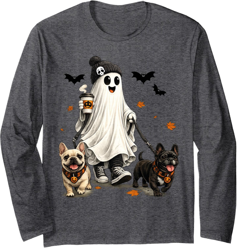 Ghost Walking French Bulldog Spooky Season Halloween Dog Long Sleeve T-Shirt - Adult Unisex Dark Heather Grey