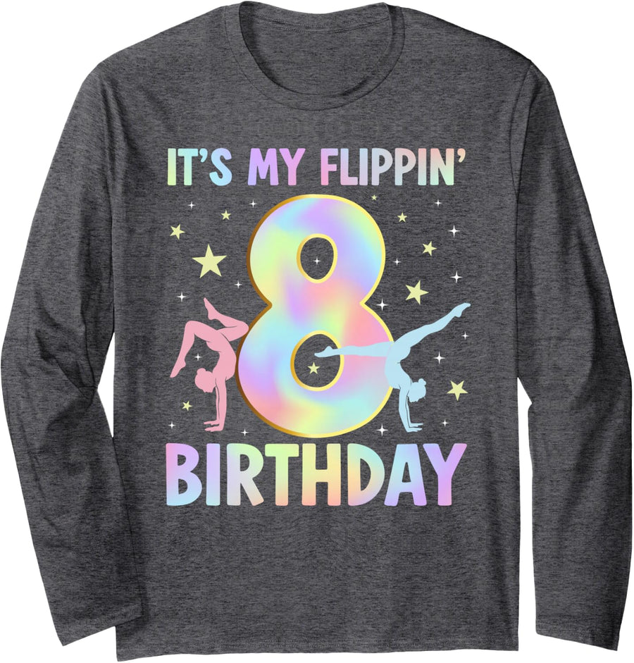 8th Gymnastics Birthday Party Eight Year Old Gymnast Long Sleeve T-Shirt - Adult Unisex Dark Heather Grey