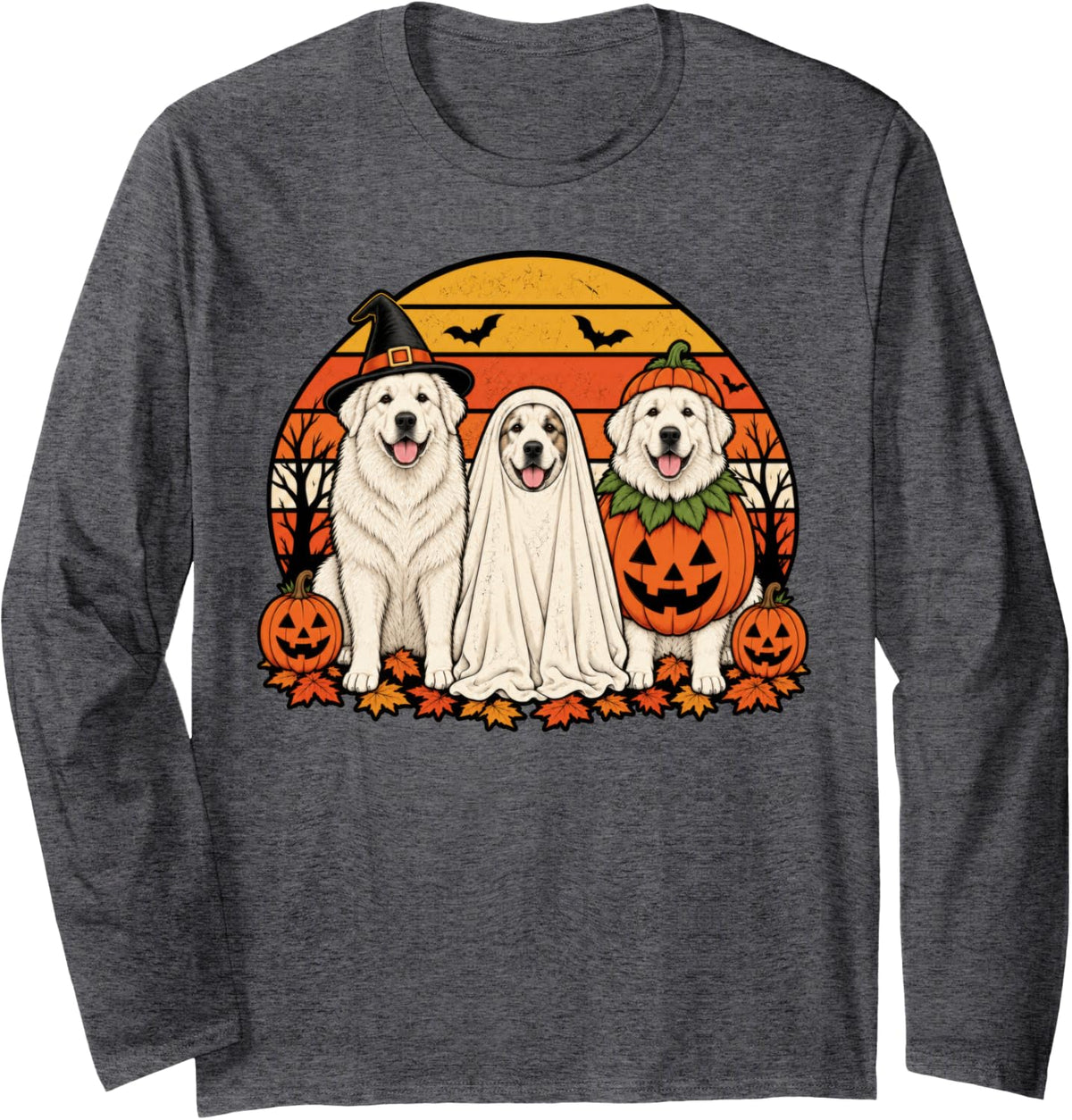 Spooky Great Pyrenees Pumpkin Ghost Halloween Dog Lover Long Sleeve T-Shirt - Adult Unisex Dark Heather Grey