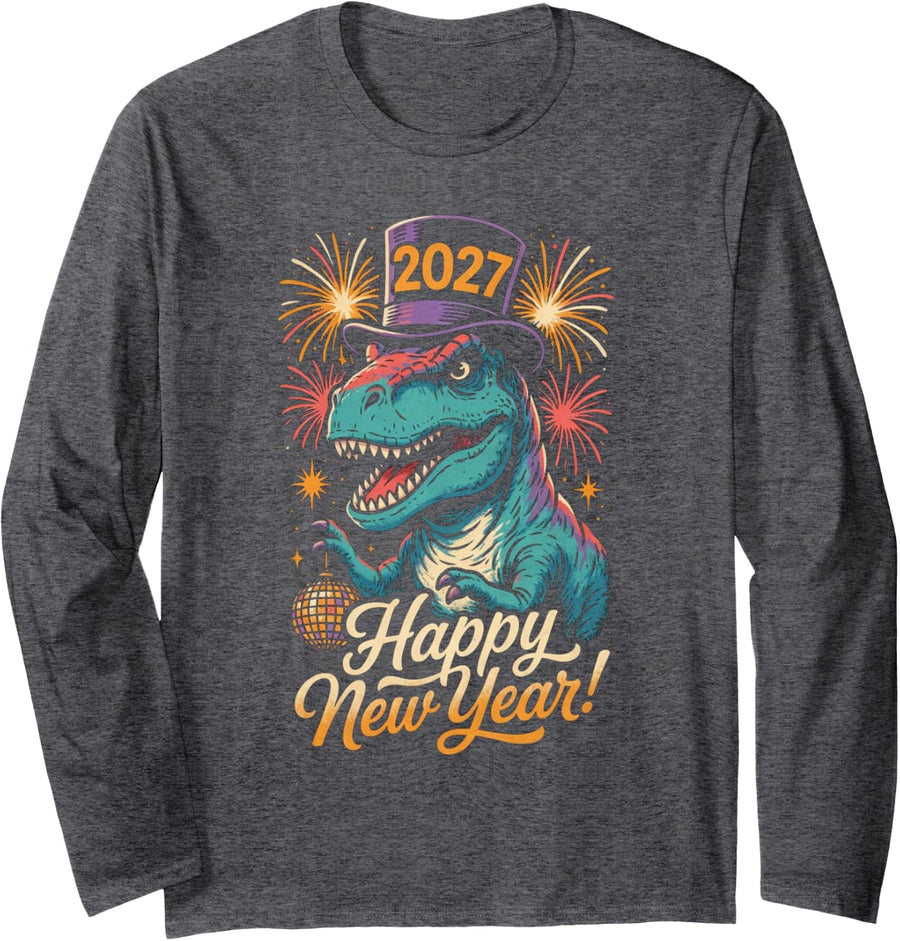 Funny T-Rex Happy New Year 2027 Dinosaur Retro Party Long Sleeve T-Shirt - Adult Unisex Dark Heather Grey