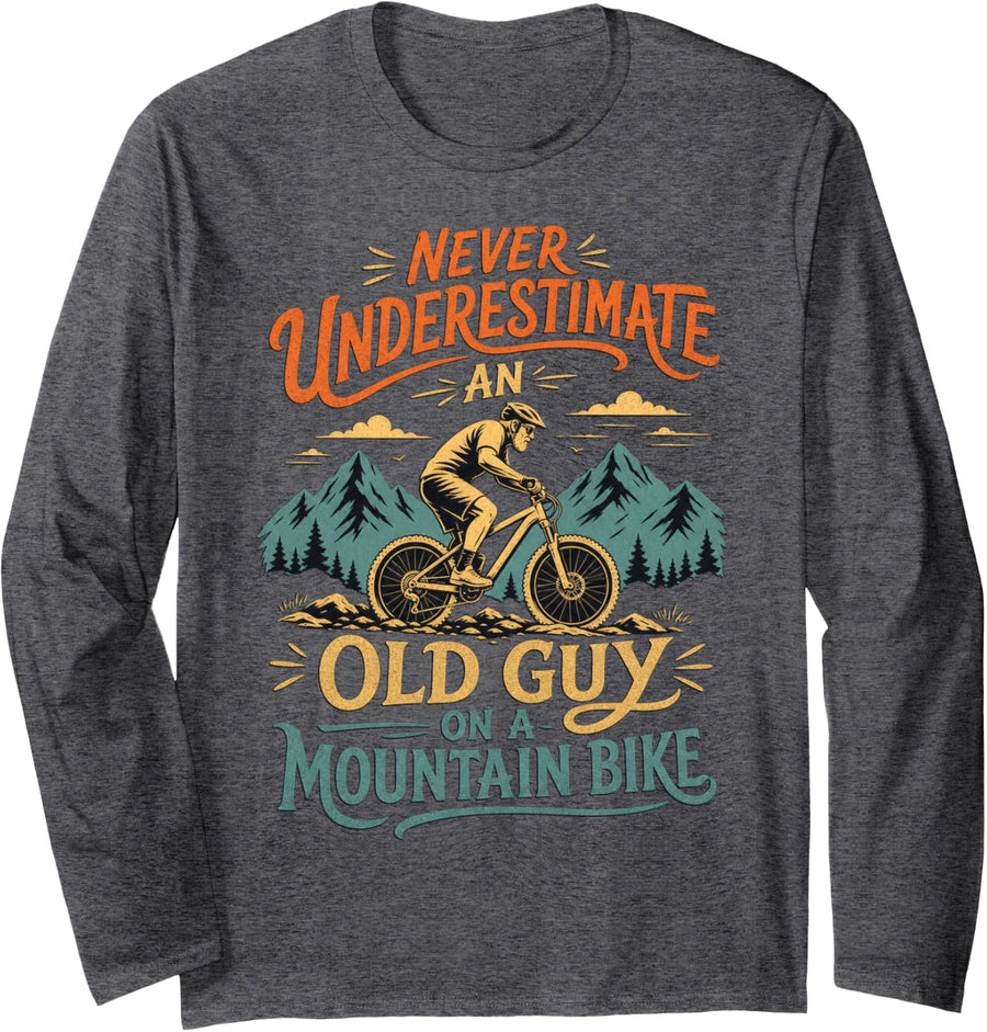 Old Man Riding Mountain Bike Retro Design Long Sleeve T-Shirt - Adult Unisex Dark Heather Grey