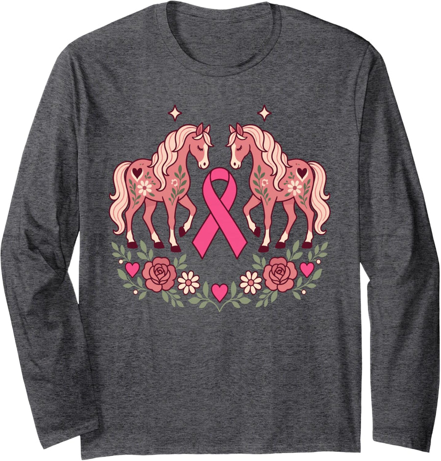 Horse Breast Cancer Awareness Cute Pink Ribbon for Women Long Sleeve T-Shirt - Adult Unisex Dark Heather Grey