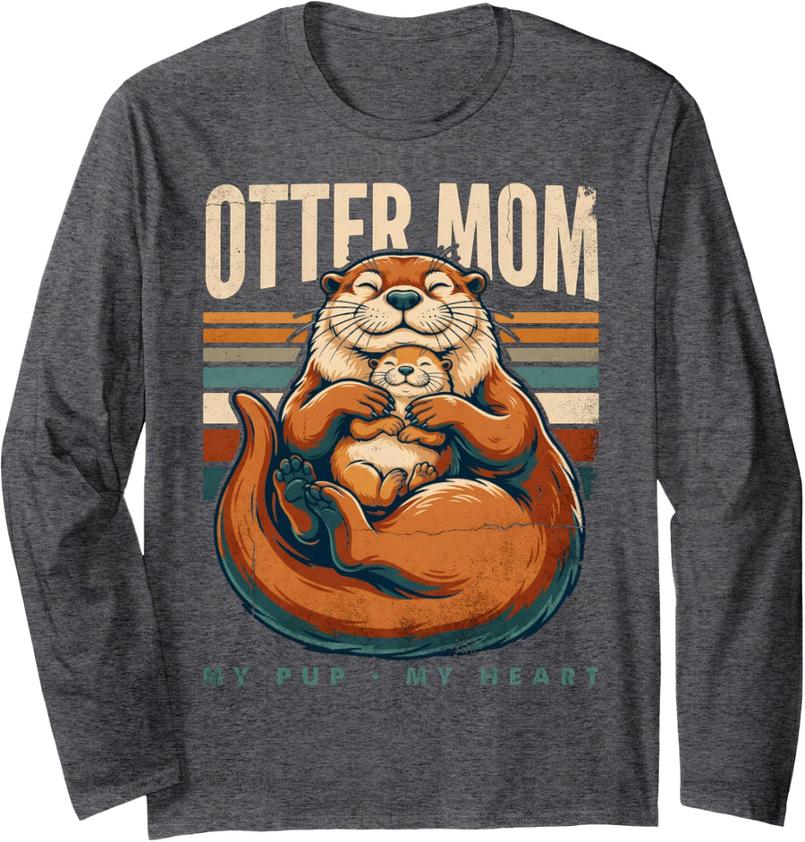 Otter Mom My Pup My Heart Sea Otter Long Sleeve T-Shirt - Adult Unisex Dark Heather Grey