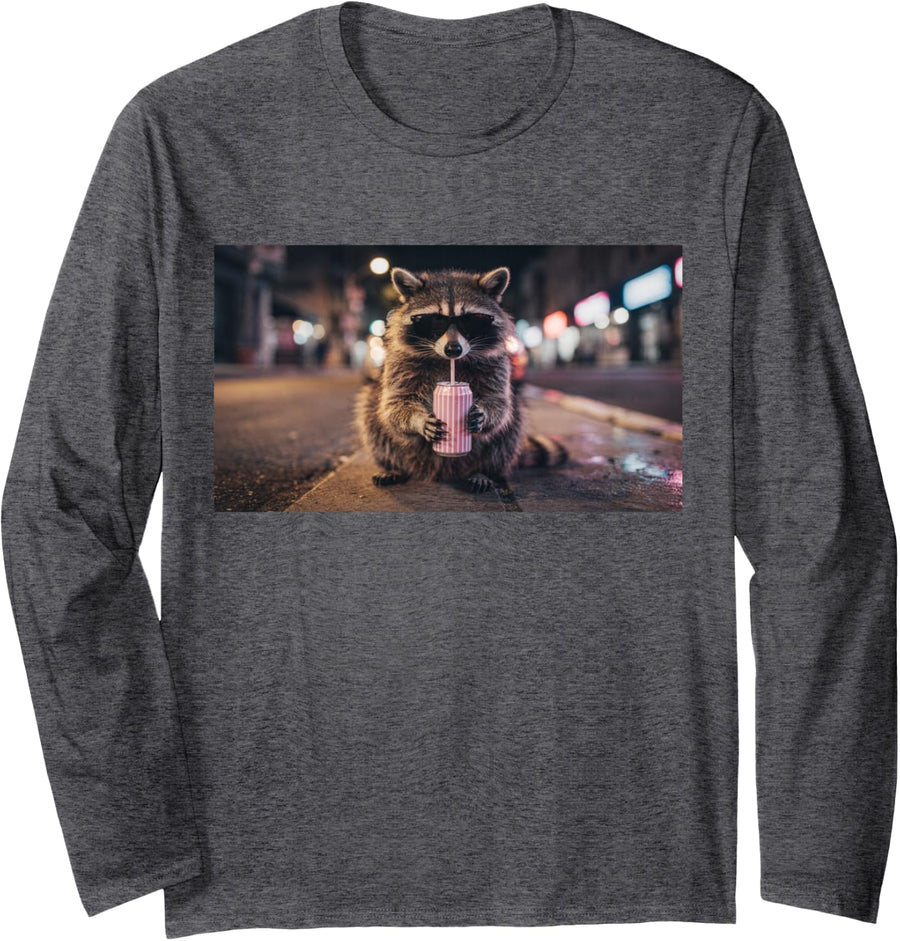 Funny Raccoon Sunglasses Selfie Long Sleeve T-Shirt - Adult Unisex Dark Heather Grey
