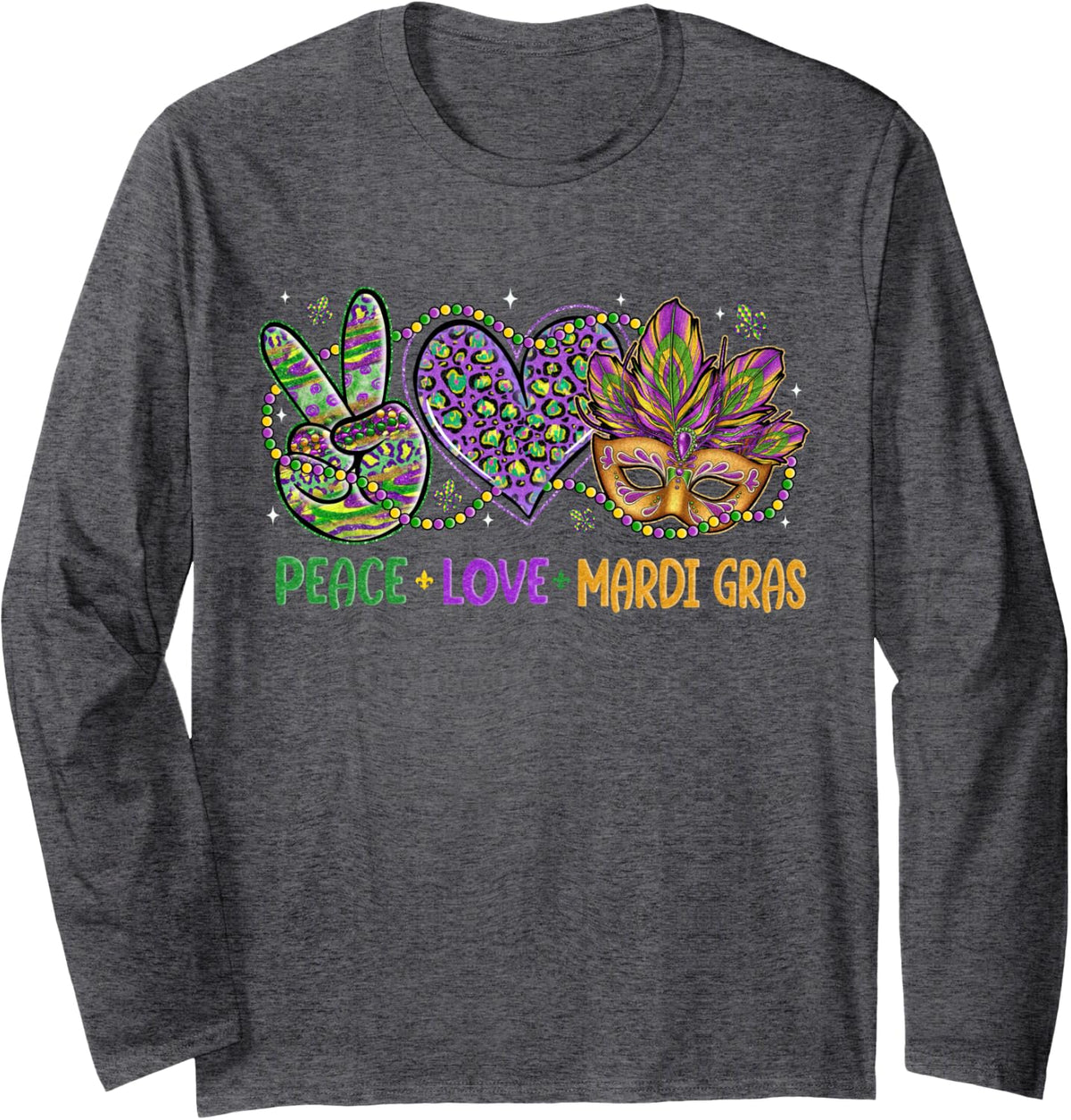 Peace Love Mardi Gras Mask Beads for Women Carnival Parade Long Sleeve T-Shirt - Adult Unisex Dark Heather Grey