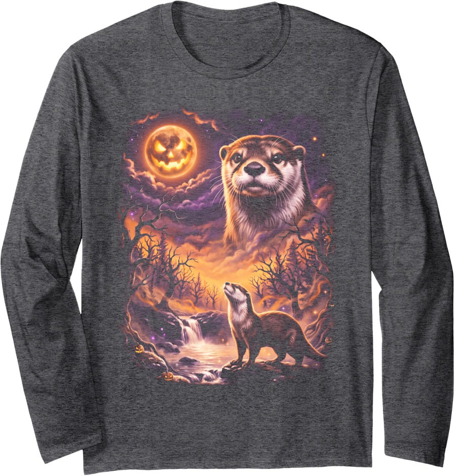 Spooky Sea Otter Howling at Moon Retro 90's Halloween Long Sleeve T-Shirt - Adult Unisex Dark Heather Grey