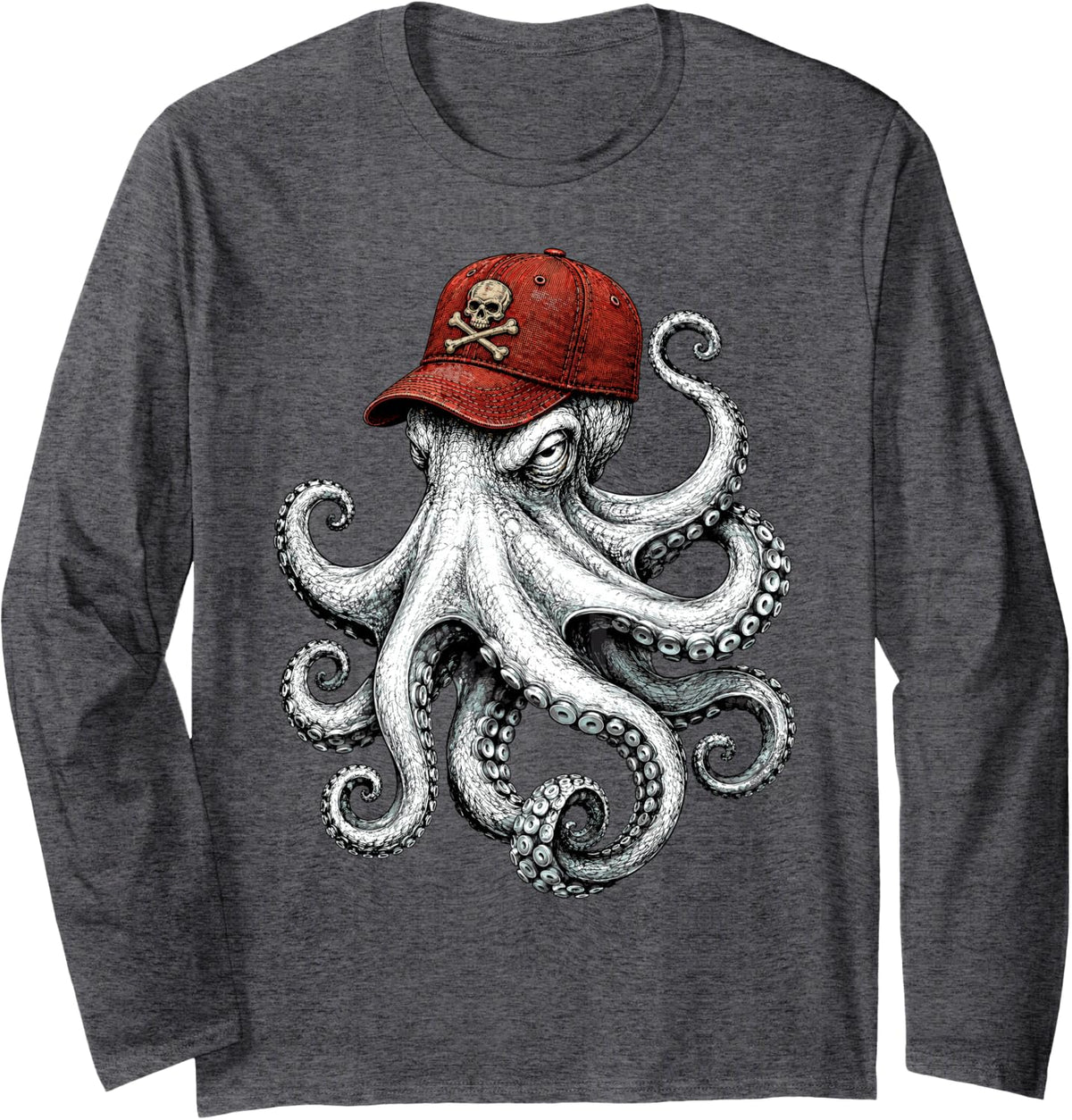 Octopus with Skull and Crossbones Cap Pirate Octopus Long Sleeve T-Shirt - Adult Unisex Dark Heather Grey