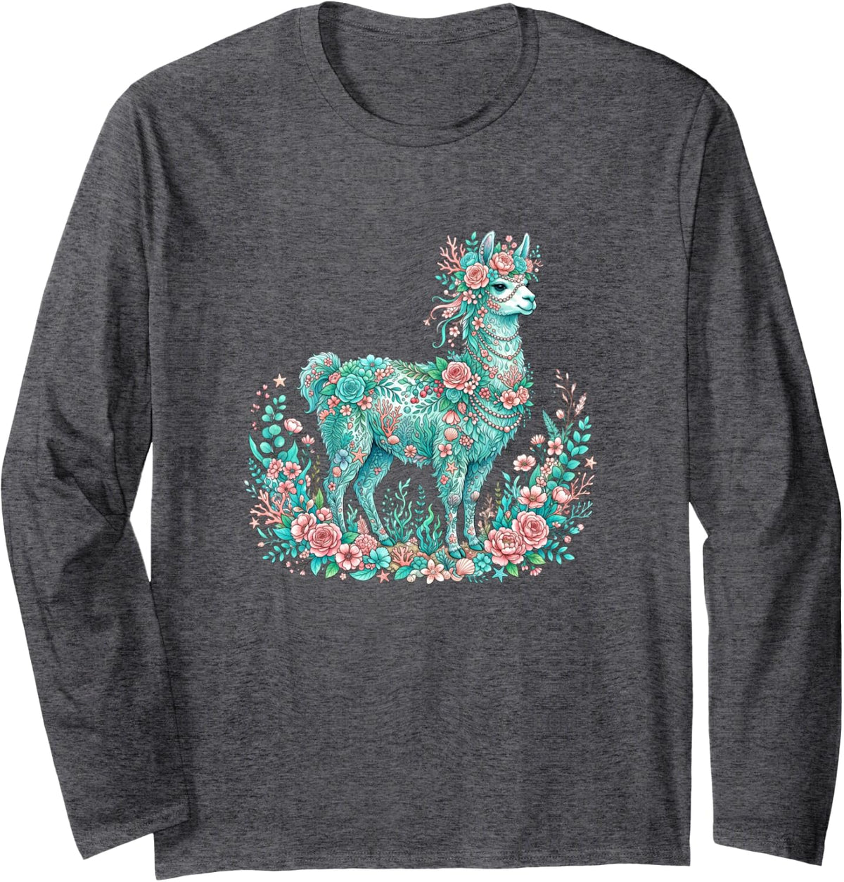 Floral Alpaca Llama Botanical Garden Art Long Sleeve T-Shirt - Adult Unisex Dark Heather Grey