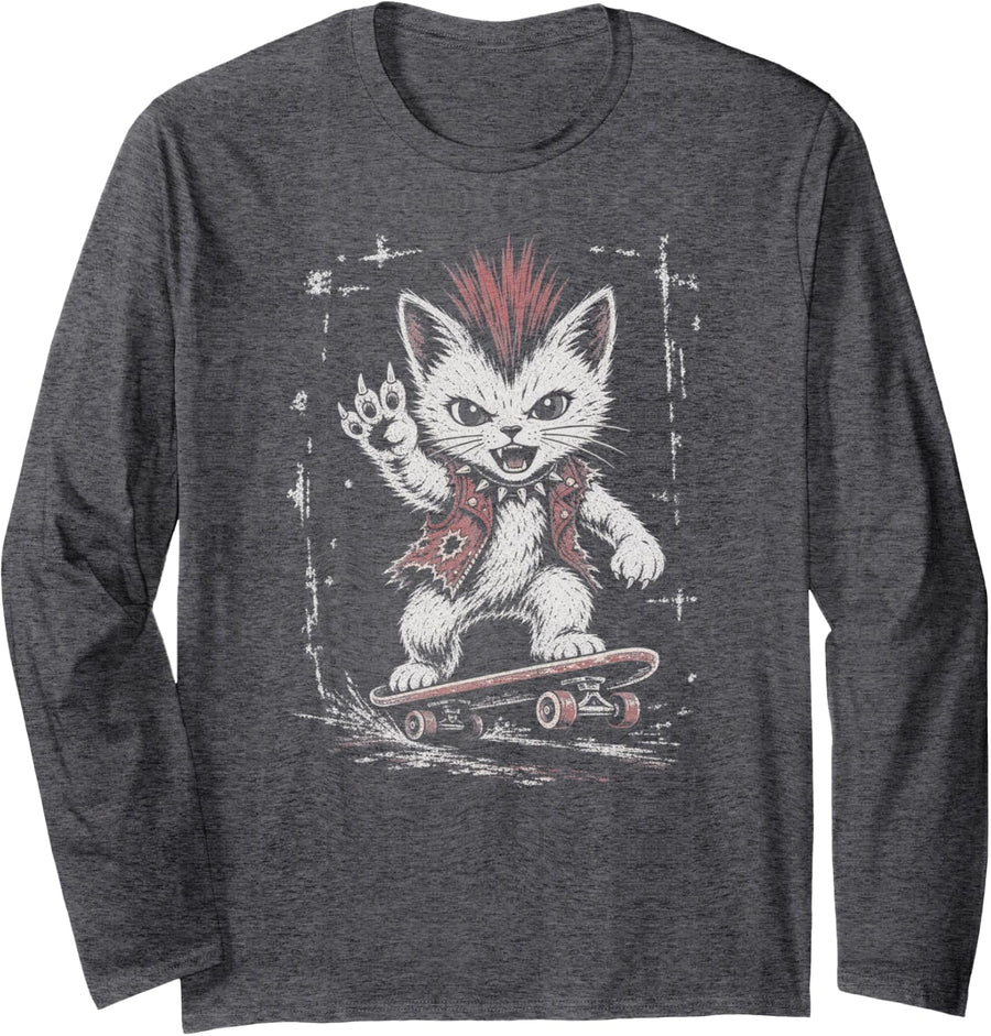 Punk Rock Kitten Skateboard Cat Long Sleeve T-Shirt - Adult Unisex Dark Heather Grey