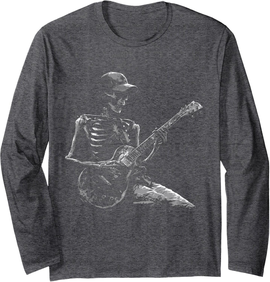 Skeleton Guitar Player Funny Gothic Halloween Long Sleeve T-Shirt - Adult Unisex Dark Heather Grey