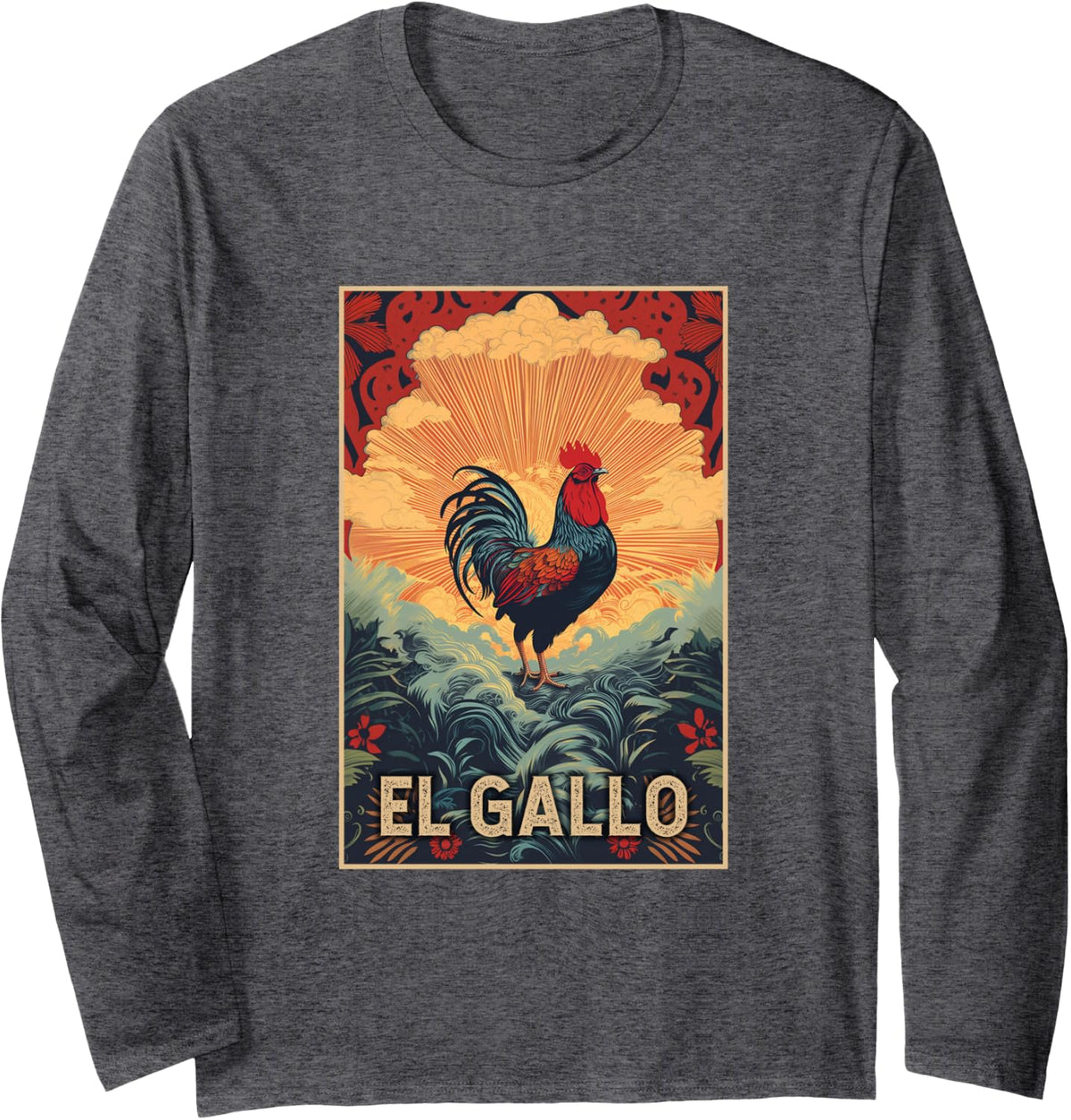 El Gallo Cool Vintage Design of Rooster at Dawn Long Sleeve T-Shirt - Adult Unisex Dark Heather Grey