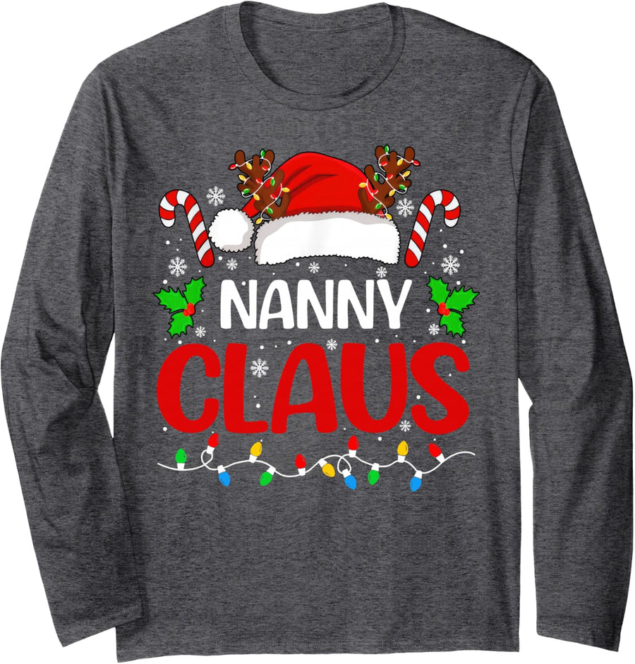 Nanny Claus Christmas Lights Family Matching Xmas Pajamas Long Sleeve T-Shirt - Adult Unisex Dark Heather Grey