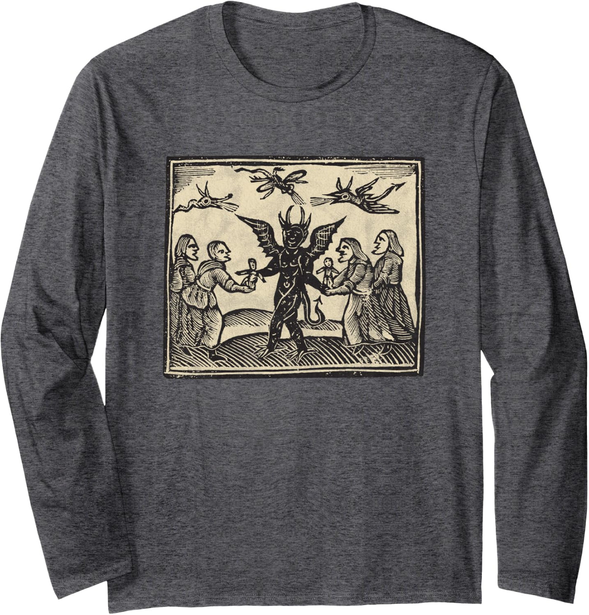 Satanic Occult Sacrifice Goth Horror Aesthetic Woodcut Long Sleeve T-Shirt - Adult Unisex Dark Heather Grey