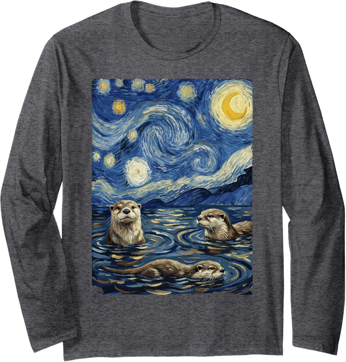 Van Gogh Starry Night Otters Tee Otter Sea Wildlife Zoo Meme Long Sleeve T-Shirt - Adult Unisex Dark Heather Grey