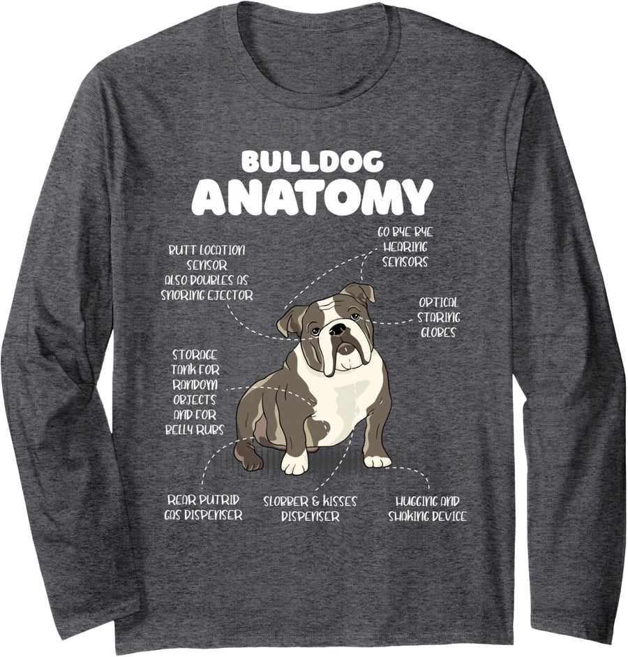 English Bulldog Anatomy Dog Biology for Dog Lover Long Sleeve T-Shirt - Adult Unisex Dark Heather Grey