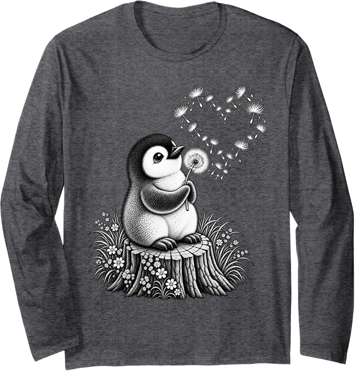 Penguin Animal Art Portrait Wildlife Forest Penguin Lover Long Sleeve T-Shirt - Adult Unisex Dark Heather Grey