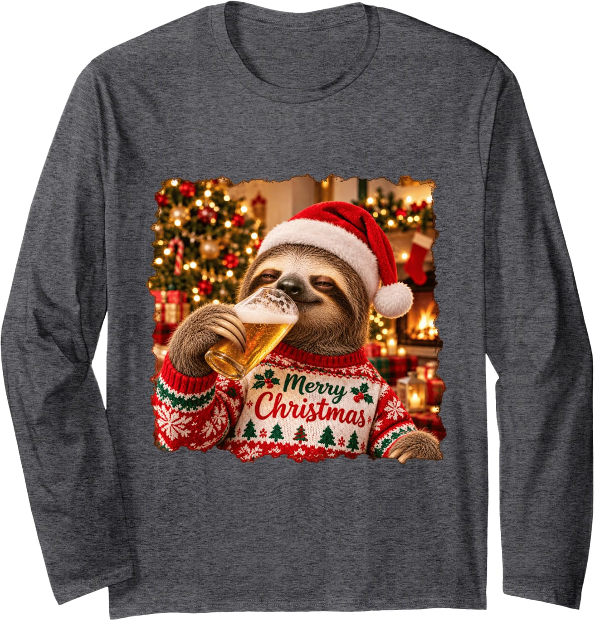 Merry Christmas Sloth Lovers Funny Holiday Party Long Sleeve T-Shirt - Adult Unisex Dark Heather Grey