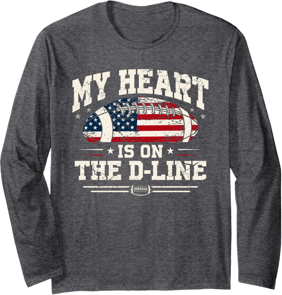 My Heart is On The D-Line Offensive Lineman Football Us Flag Long Sleeve T-Shirt - Adult Unisex Dark Heather Grey