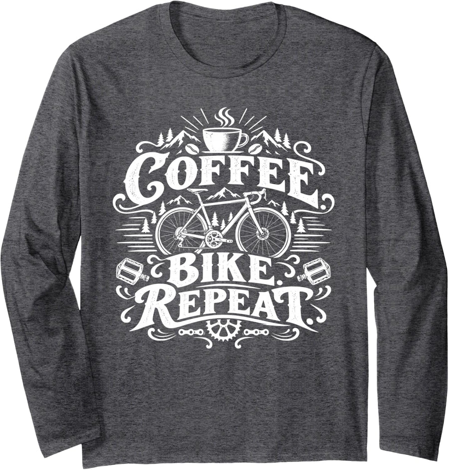 Bike & Biking, Coffee Bike Repeat Long Sleeve T-Shirt - Adult Unisex Dark Heather Grey