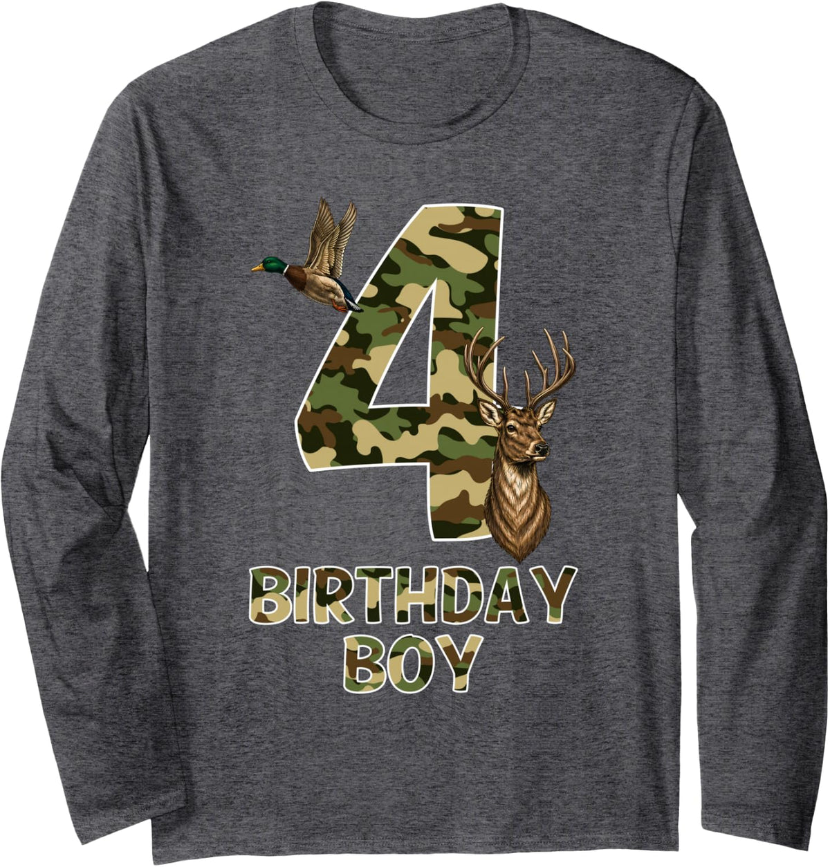 4th Birthday Boy 4 Year Old Camo Deer Duck Hunter Long Sleeve T-Shirt - Adult Unisex Dark Heather Grey