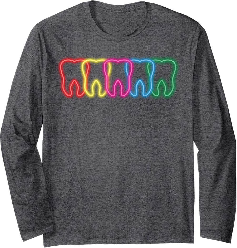 Retro Teeth Dentist Dental Hygienist Assistant Clothes Tooth Long Sleeve T-Shirt - Adult Unisex Dark Heather Grey
