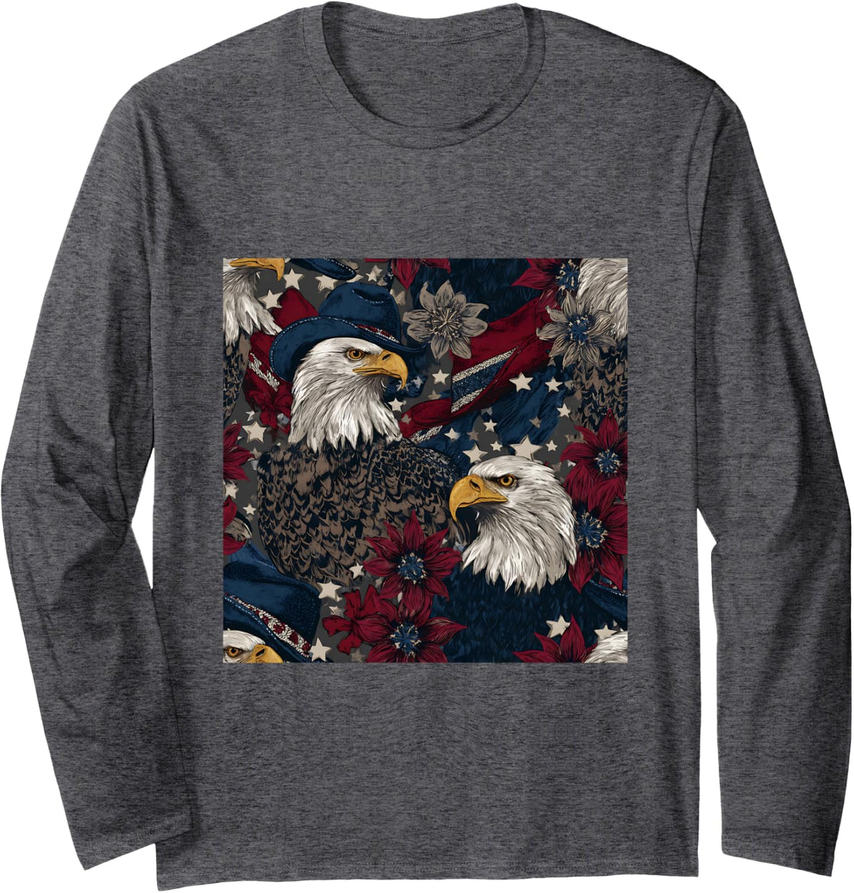 Bald Eagle Cowboy Hat Stars Flowers Pattern Long Sleeve T-Shirt - Adult Unisex Dark Heather Grey