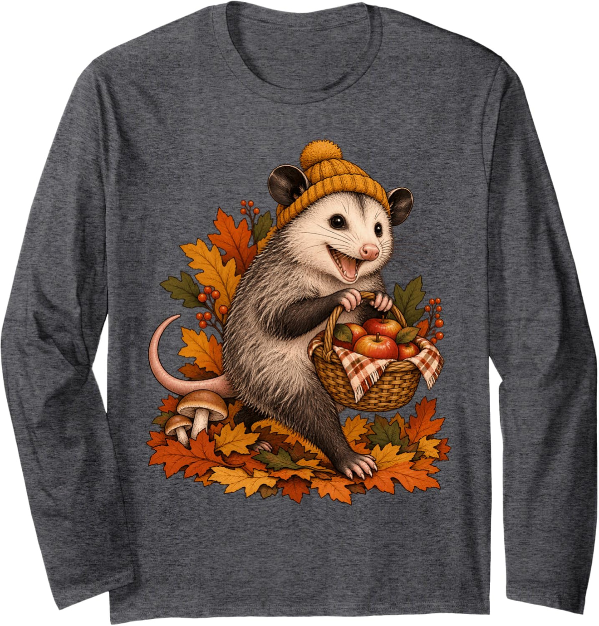 Funny Opossum Apple Picking Basket Fall Autumn Long Sleeve T-Shirt - Adult Unisex Dark Heather Grey