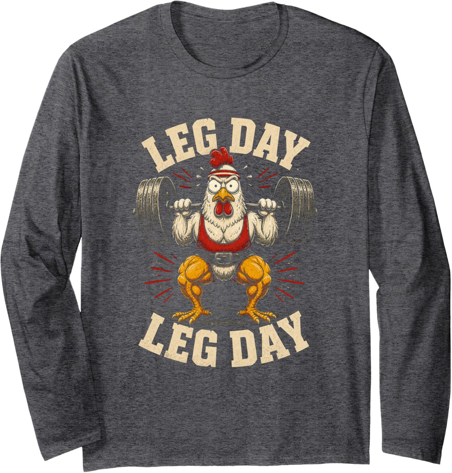 Leg Day Funny Chicken Lifting Weights Gift Long Sleeve T-Shirt - Adult Unisex Dark Heather Grey