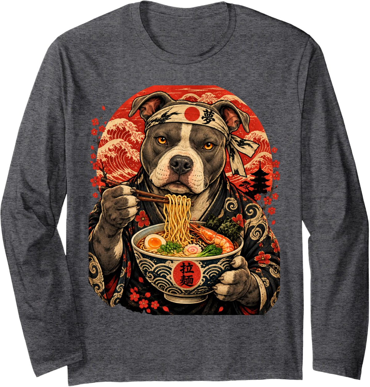 Love Pitbulls Dog Lovers Ramen Japanese Kawaii Anime Pitbull Long Sleeve T-Shirt - Adult Unisex Dark Heather Grey