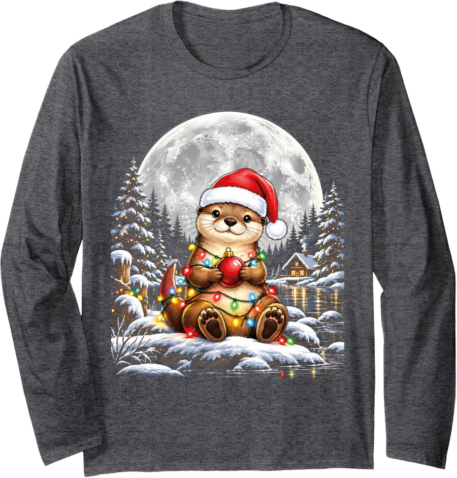 Otter Christmas Lights Santa Hat Snow Holiday Animal Lovers Long Sleeve T-Shirt - Adult Unisex Dark Heather Grey