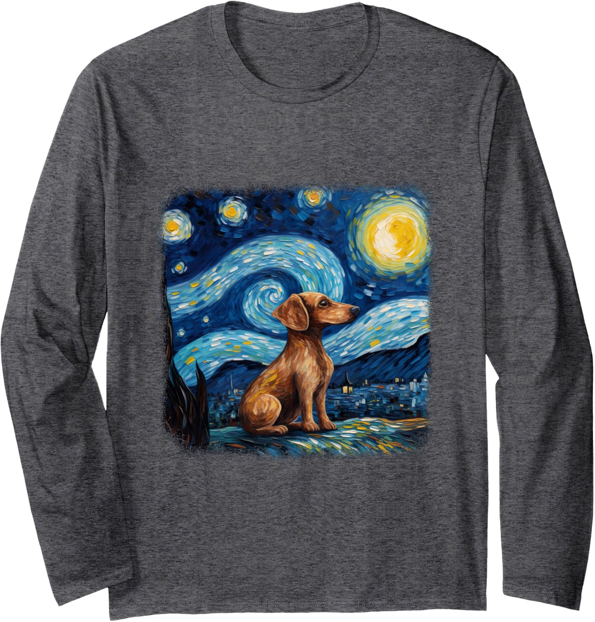 Dog in starry night van gogh Dachshund Long Sleeve T-Shirt - Adult Unisex Dark Heather Grey