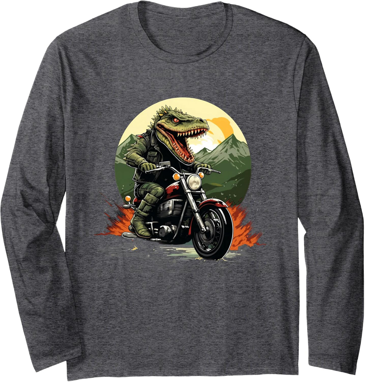 Biker Crocodile Riding Motorcycle Long Sleeve T-Shirt - Adult Unisex Dark Heather Grey