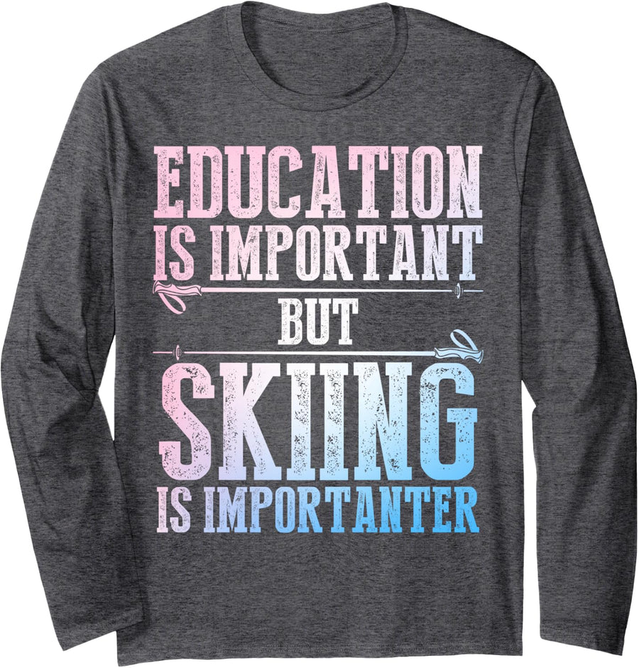 Skiing Art for Men Women Kids Winter Sport Ski Lover Skier Long Sleeve T-Shirt - Adult Unisex Dark Heather Grey