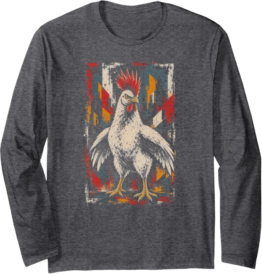 Punk Rock Chicken Urban Grunge Illustration Long Sleeve T-Shirt - Adult Unisex Dark Heather Grey
