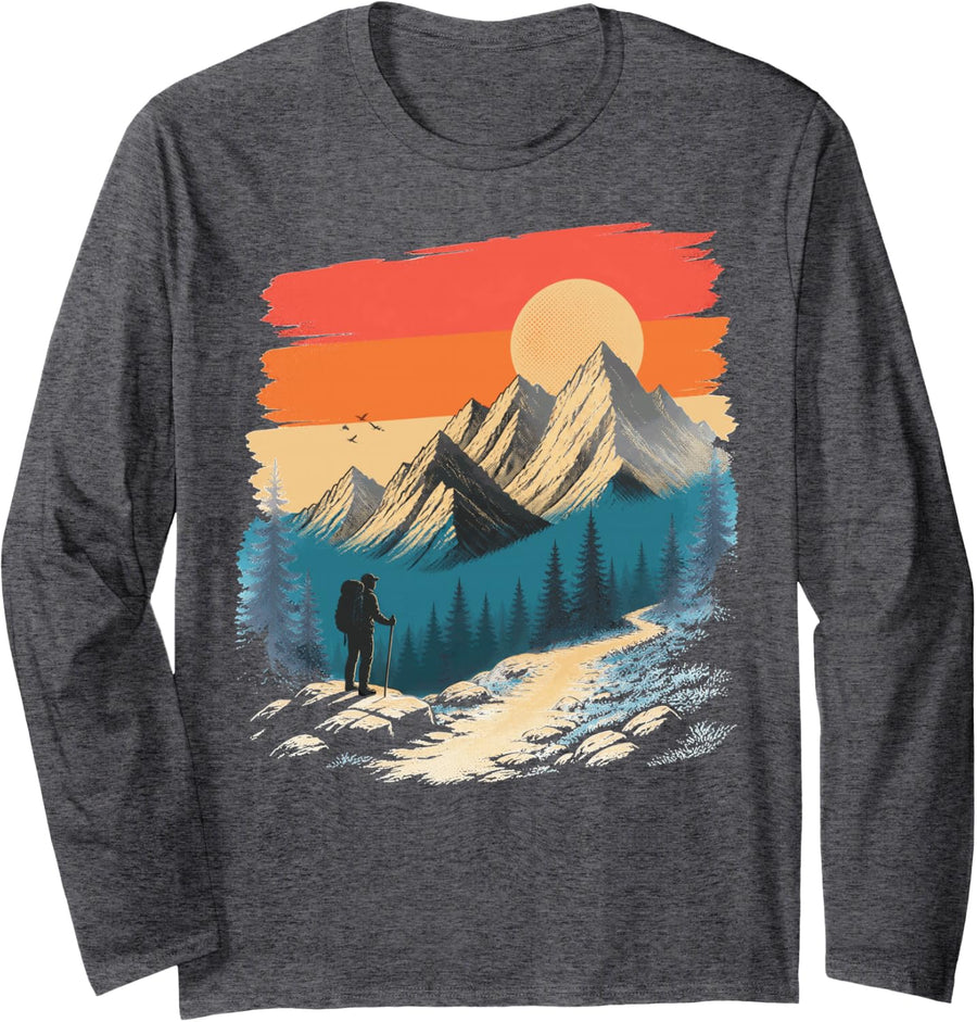 Vintage Hiking Adventure Outdoor Trail Mountain Long Sleeve T-Shirt - Adult Unisex Dark Heather Grey