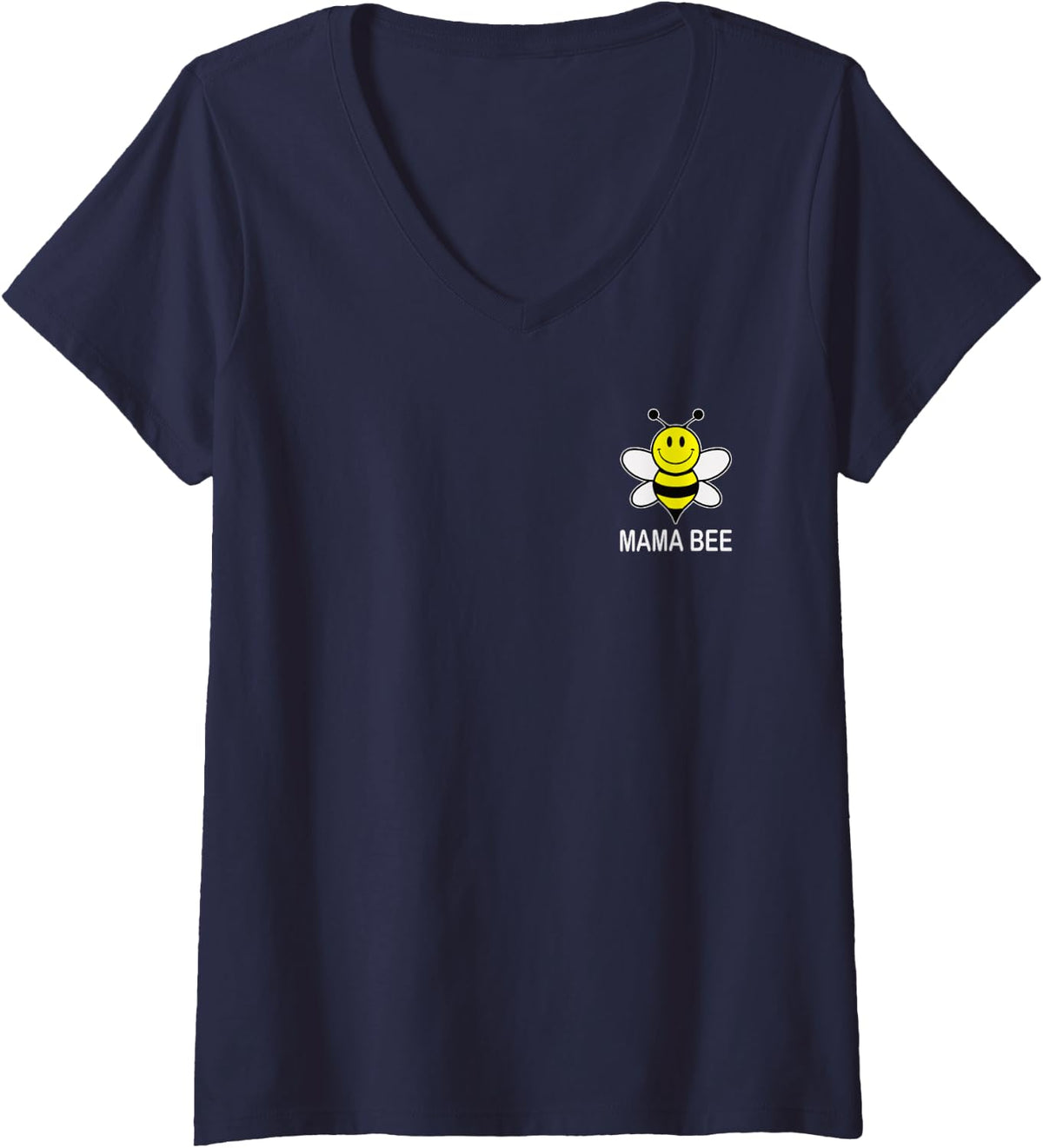 Womens Mama Bee Family Matching Cute Funny Yellow Smile Face Bee V-Neck T-Shirt - Navy Blue