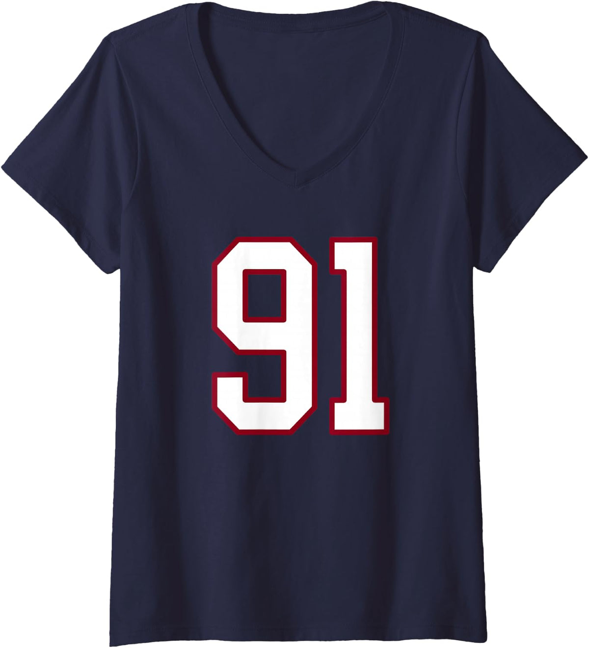 Women's Maroon and White Number 91 Jersey Player Uniform #91 V-Neck T-Shirt - Navy Blue