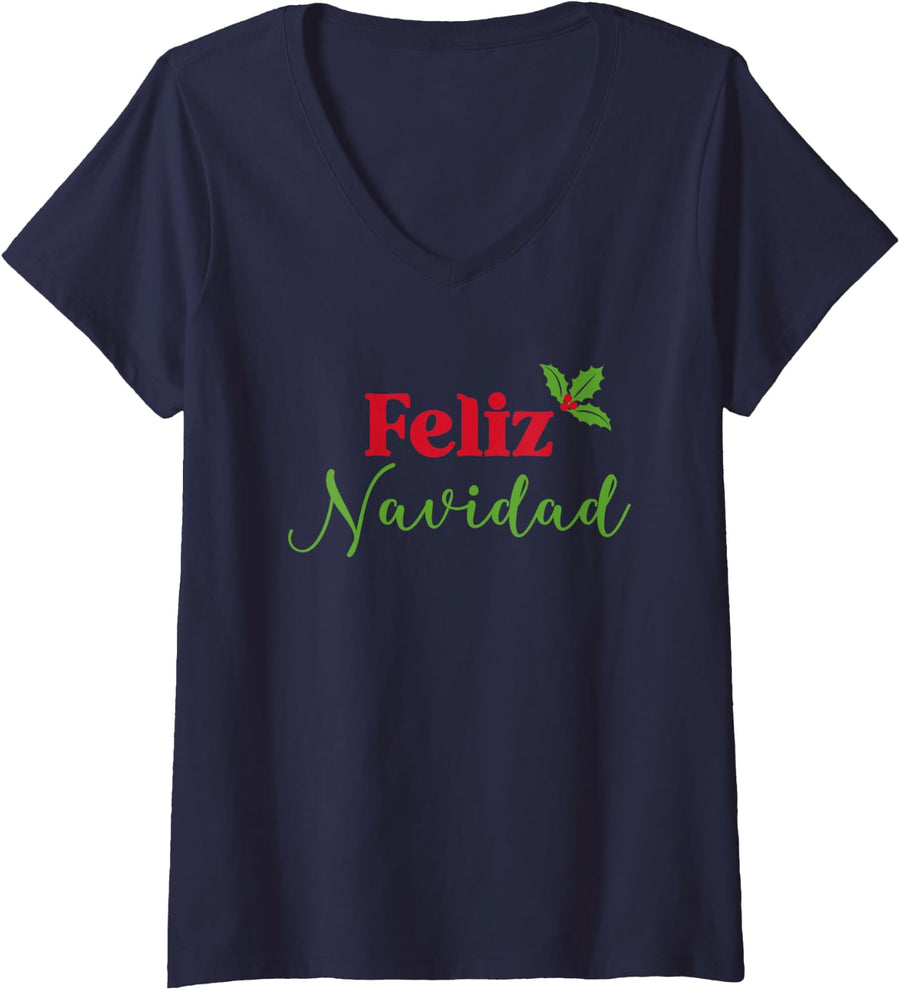 Womens Feliz Navidad Spanish Merry Christmas V-Neck T-Shirt - Navy Blue