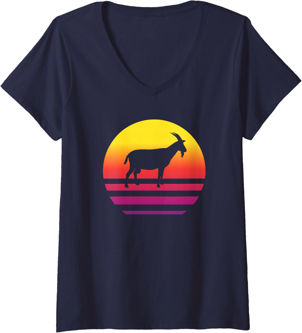 Women's Vintage Goat Retro Sunset Goat Lover Graphic Men Women V-Neck T-Shirt - Navy Blue