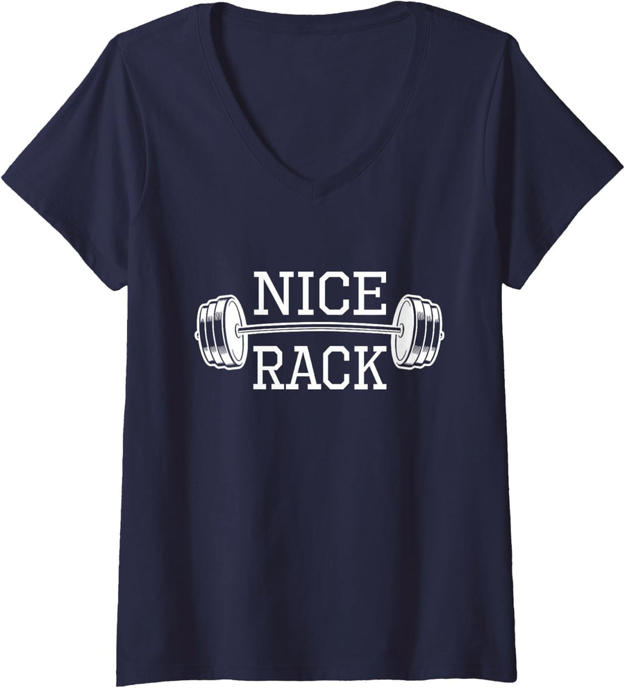 Women's Nice Rack Funny Gym Pun Cool Workout Fitness Gym Lover V-Neck T-Shirt - Navy Blue