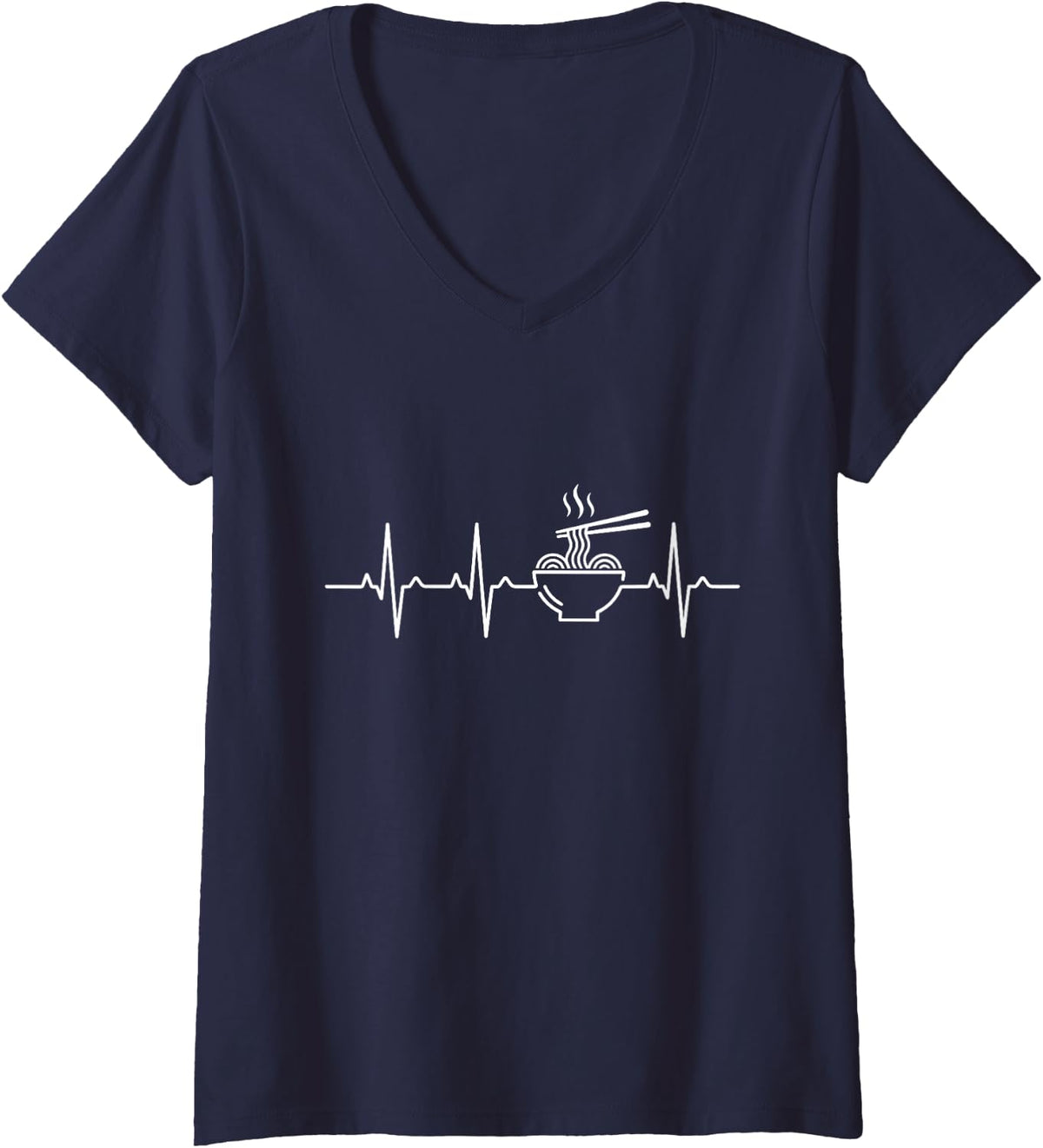 Women's Ramen Heartbeat EKG Japanese Noodle Lover Line Art V-Neck T-Shirt - Navy Blue