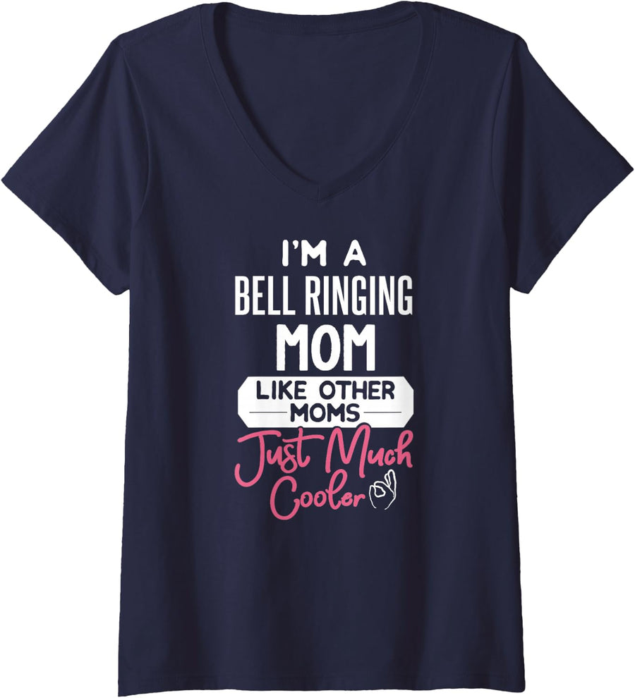 Women's Cool Mothers Day T-Shirt Bell Ringing Mom V-Neck T-Shirt - Navy Blue
