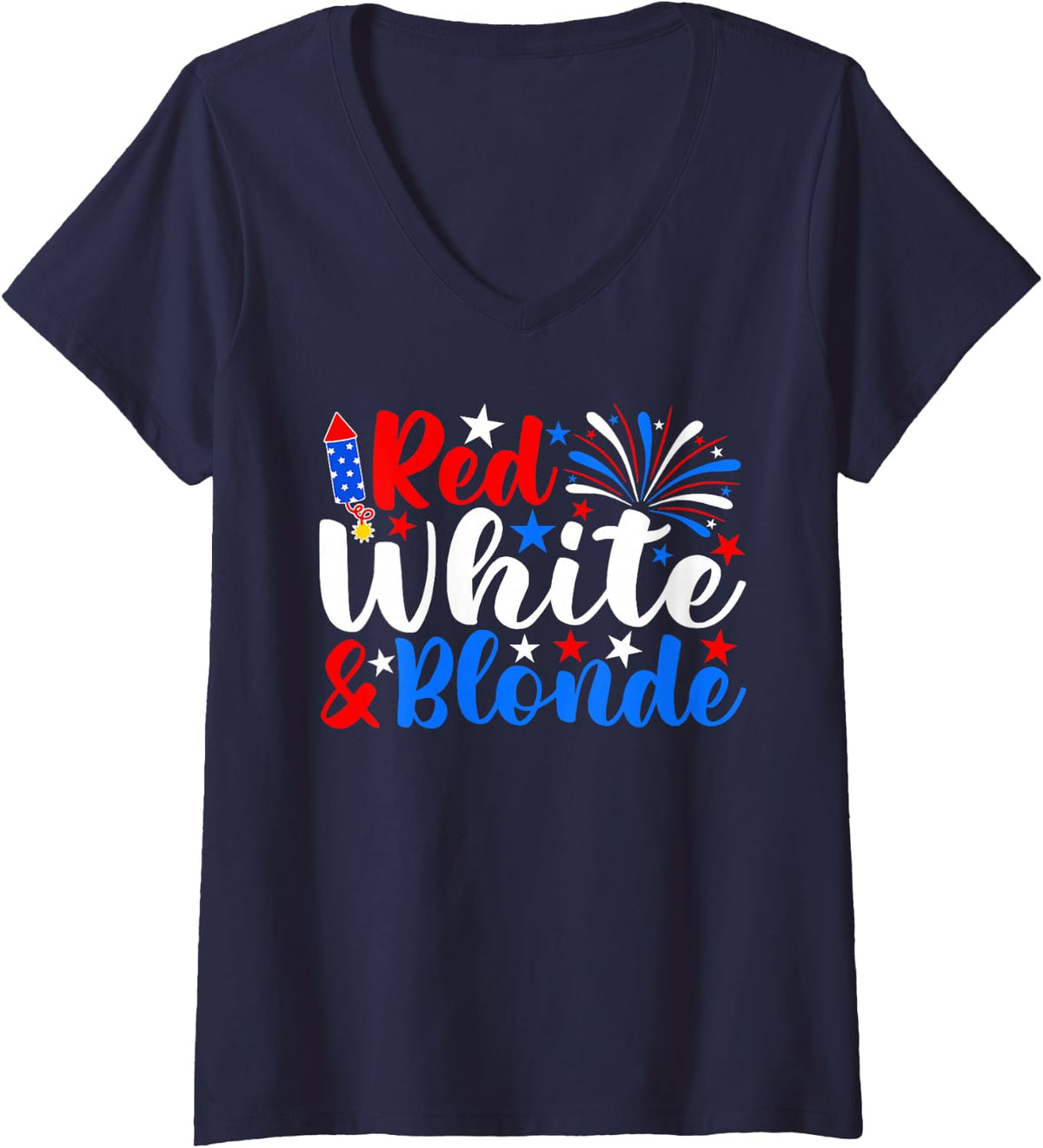 Womens Red White And Blonde Funny 4th Of July Patriotic V-Neck T-Shirt - Navy Blue