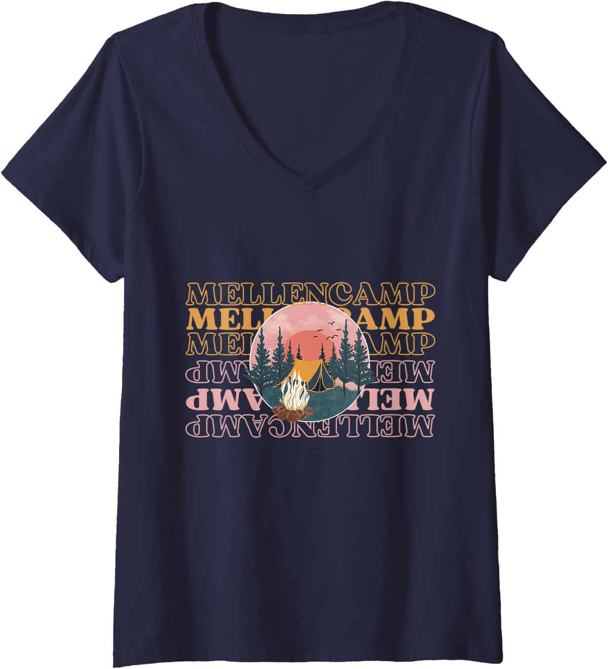 Womens Love Mellencamp Tee Grunge Vintage Black Mellencamp V-Neck T-Shirt - Navy Blue