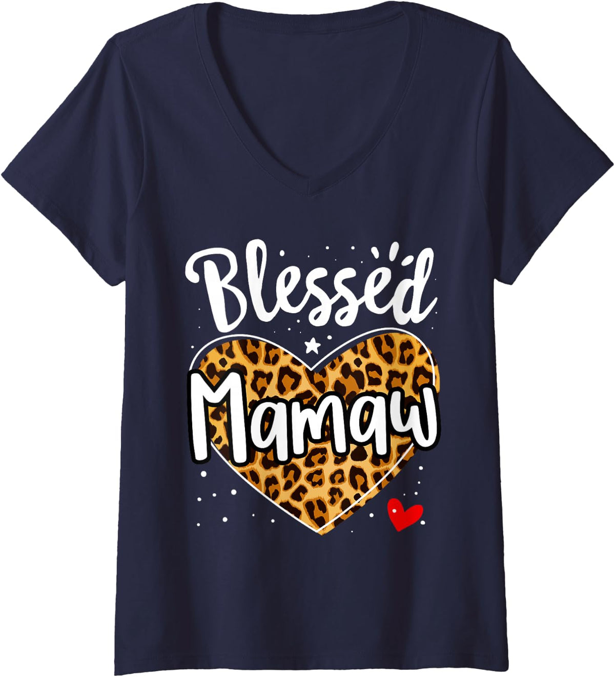Women's Blessed Mawaw Leopard Print Nana Mother's Day Grandma Mama V-Neck T-Shirt - Navy Blue