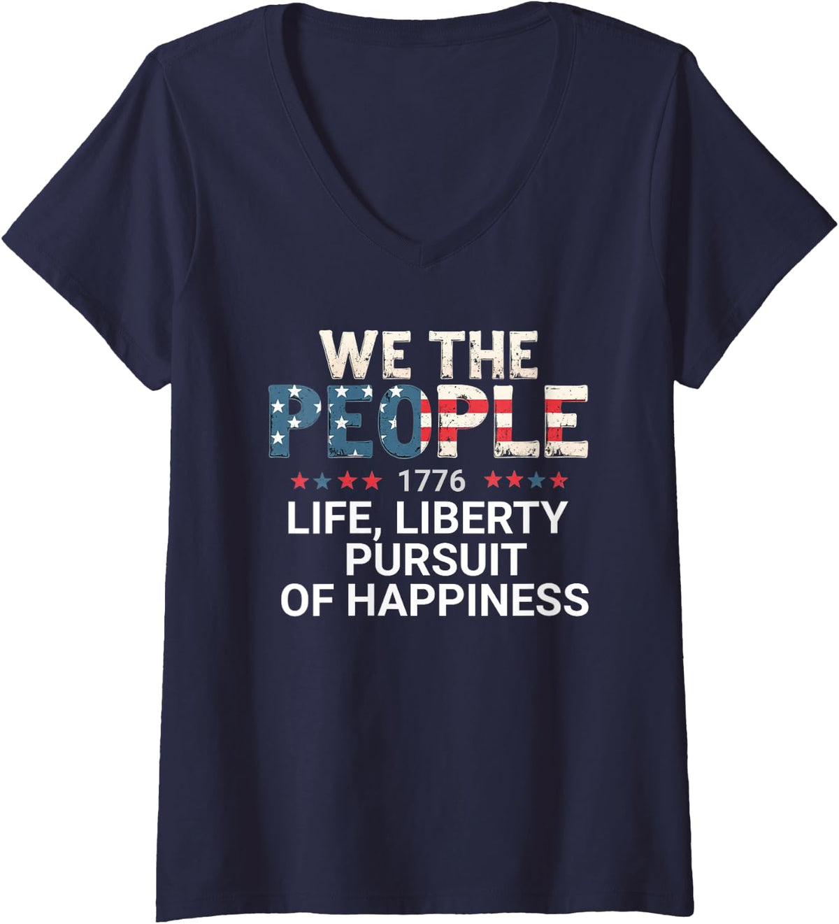 Womens 1776 Life Liberty Pursuit of Happiness Patriotic Graphic USA V-Neck T-Shirt - Navy Blue