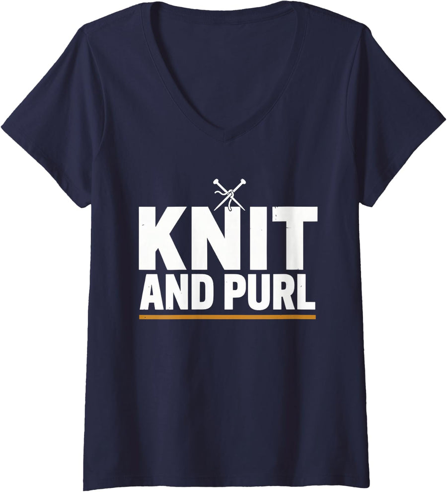 Women's Knitter Knitting V-Neck T-Shirt - Navy Blue