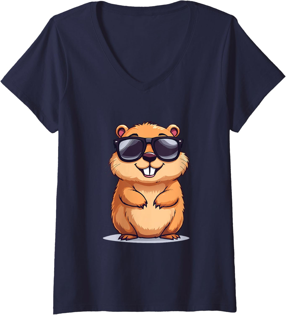 Womens Happy Groundhog Day Ground Hog With Hat Animal Lover Tee V-Neck T-Shirt - Navy Blue