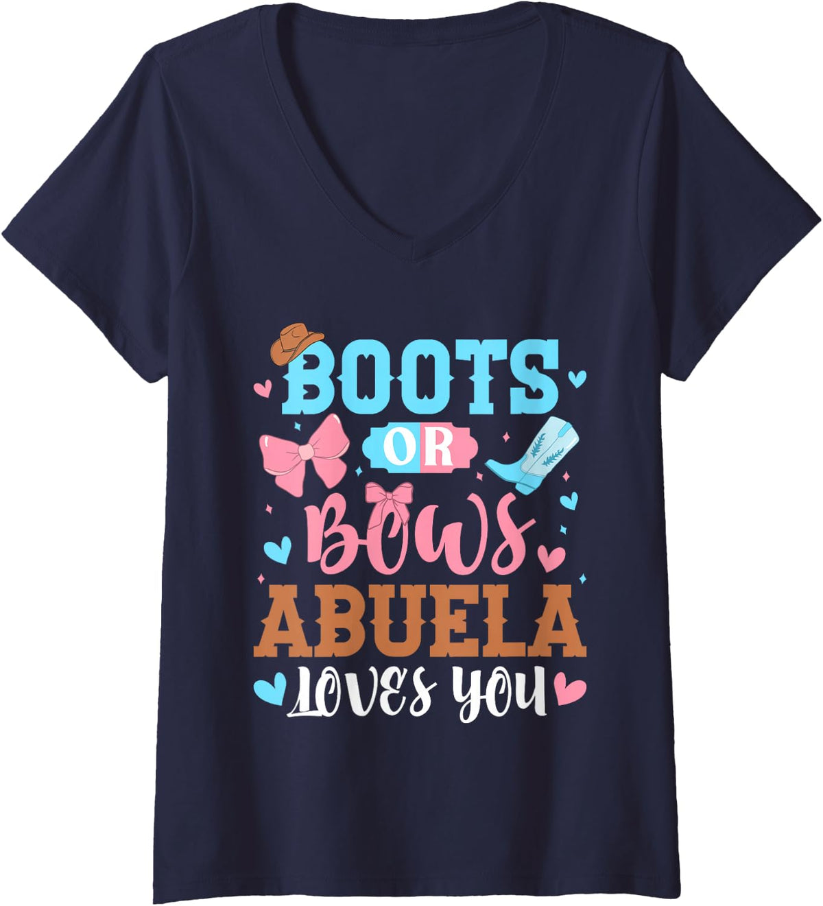Women's Boots Or Bows Abuela Loves You Gender Reveal Party Grandma V-Neck T-Shirt - Navy Blue